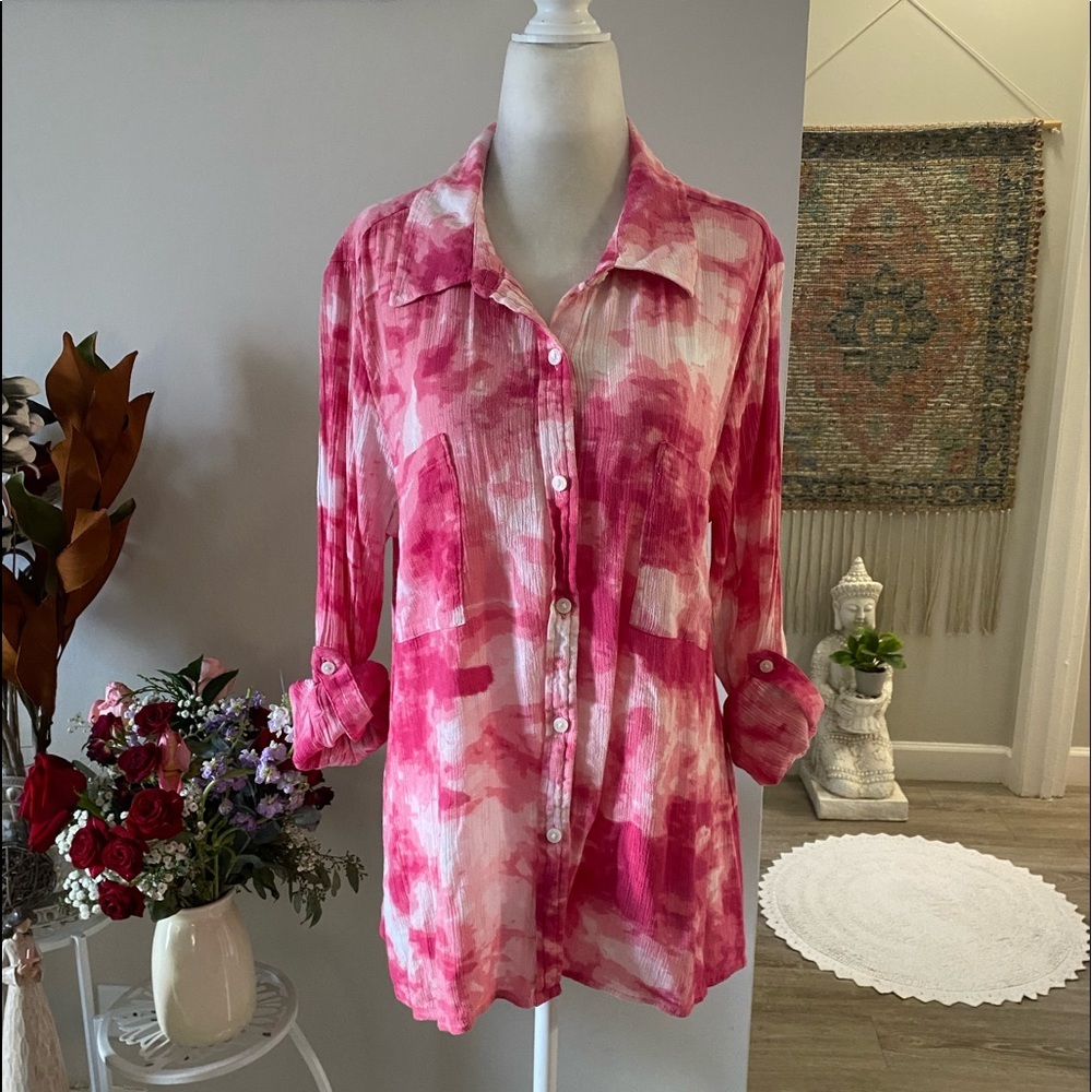 Pink Tie-Dye Button-Up Women's Top